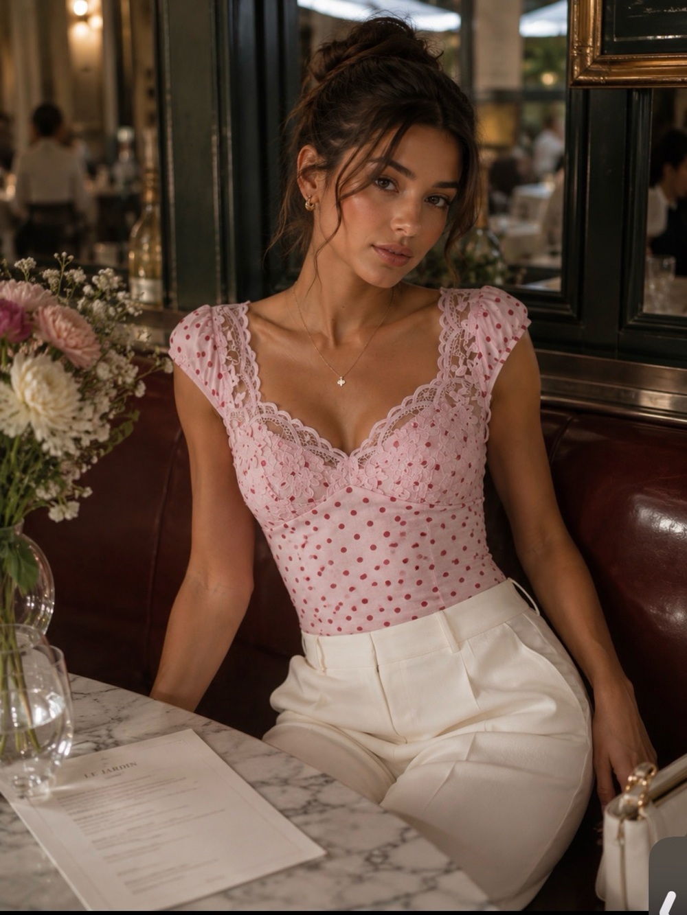Thirty Thirty LA  Pink Polka Dot Lace Top